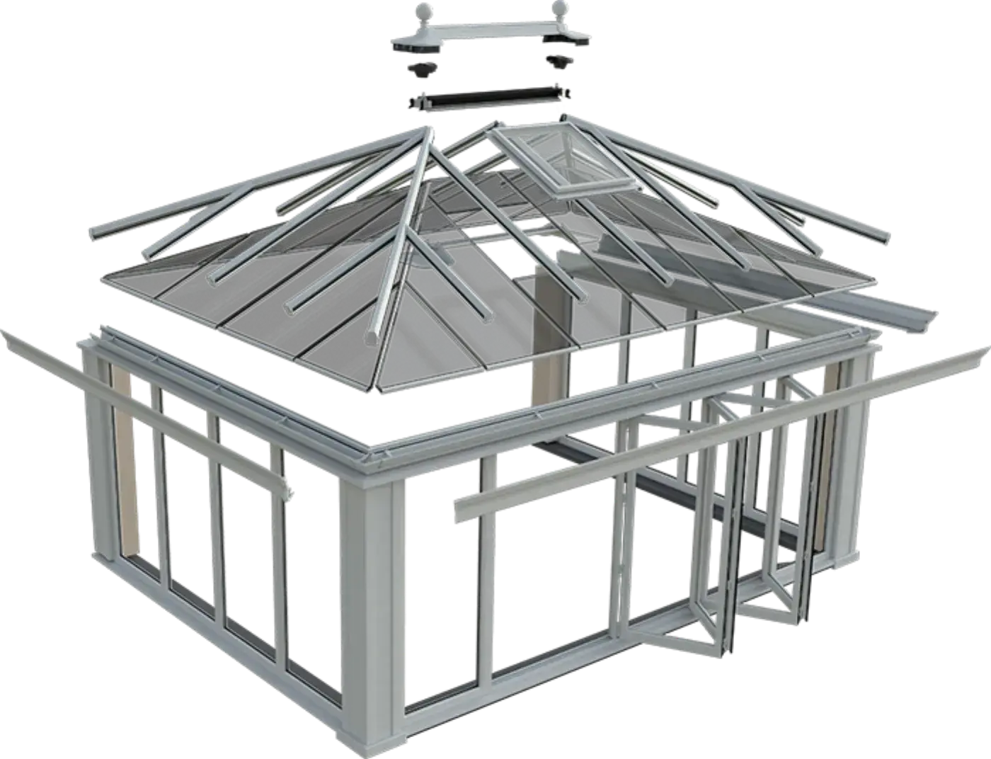 Exploded view of a Cara Glass conservatory glass roof system