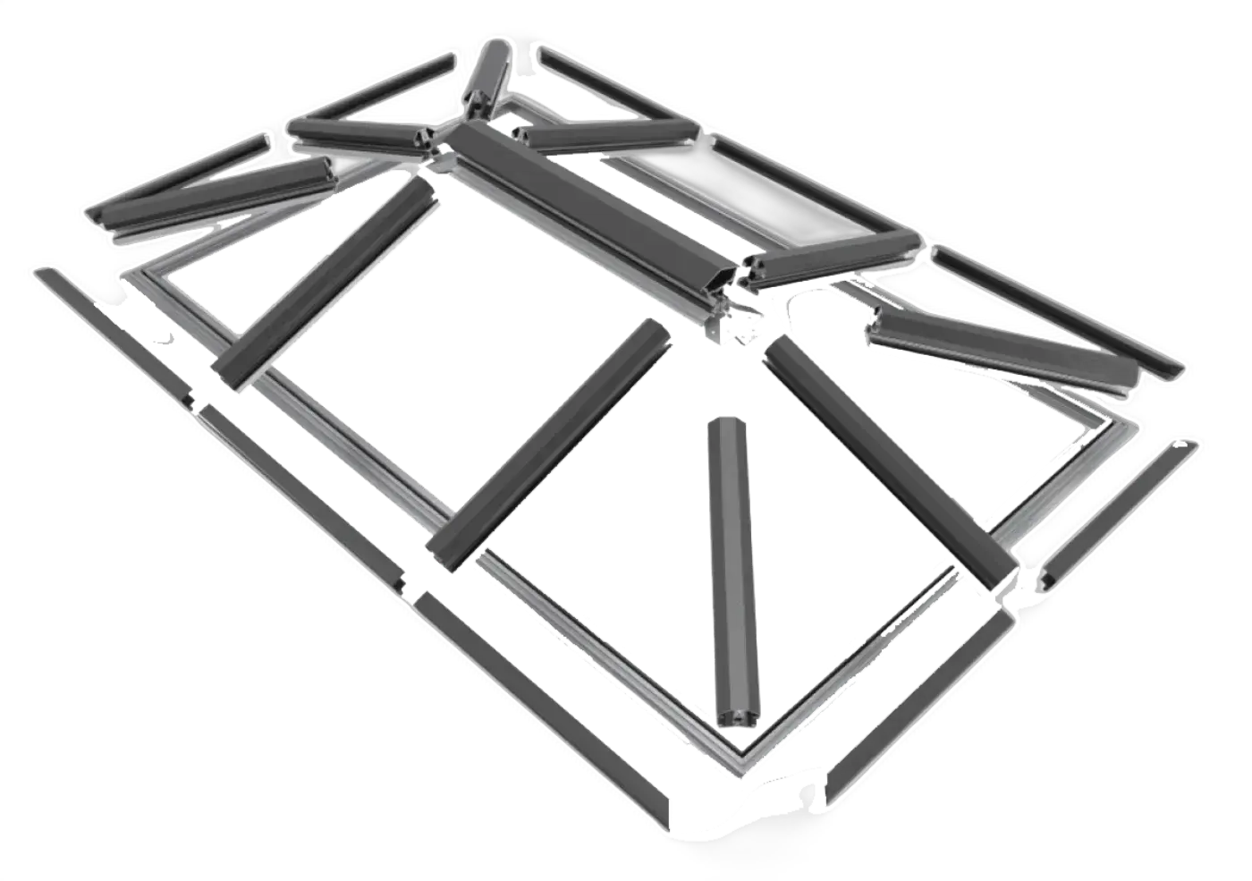 Exploded view of a Cara Glass Stratus aluminium roof lantern