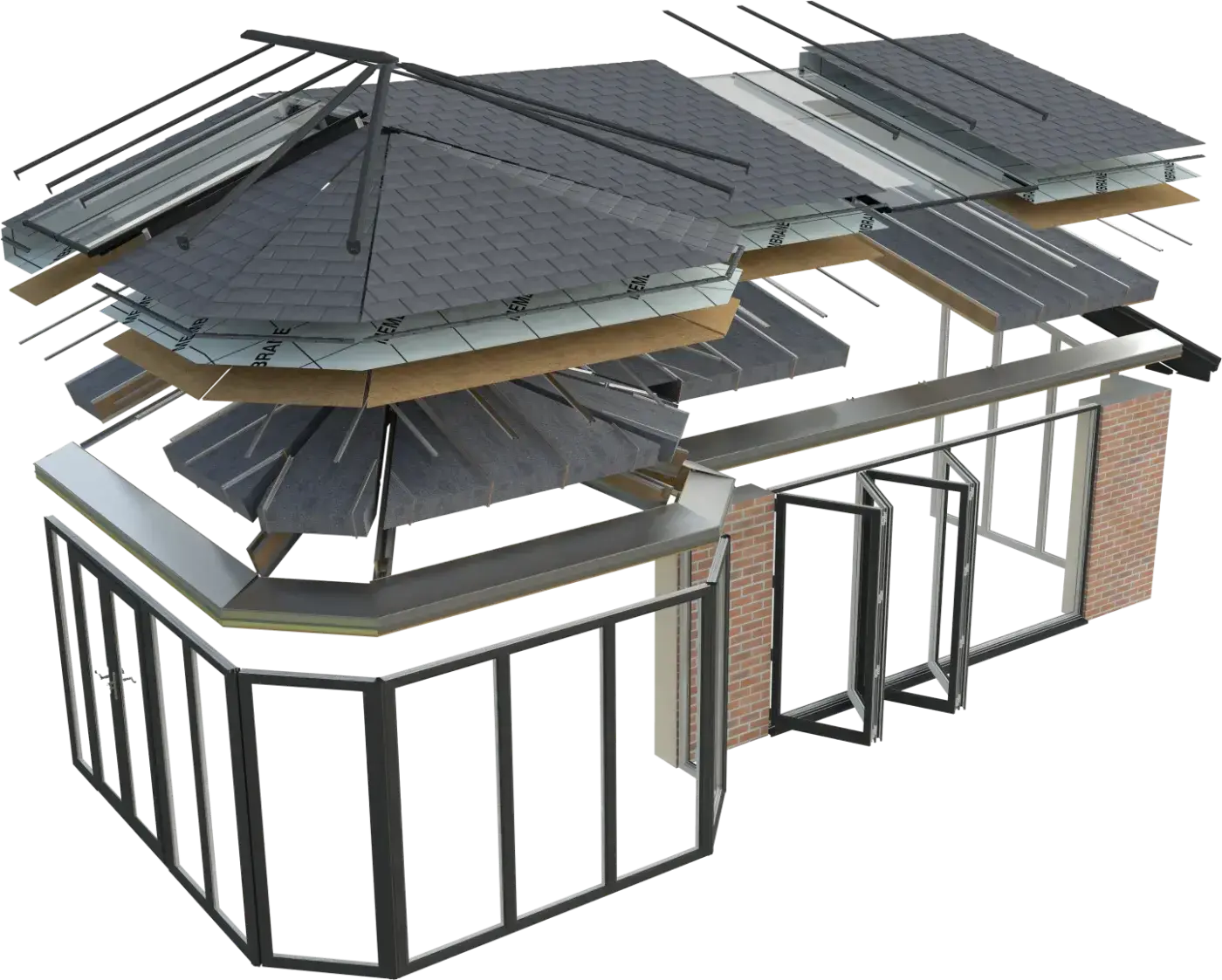 Exploded view of a Cara Glass P-shaped conservatory roof system
